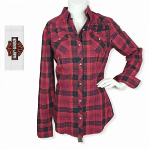 𝅺 Harley‎ Davidson Plaid Lace up Back Button Down Shirt